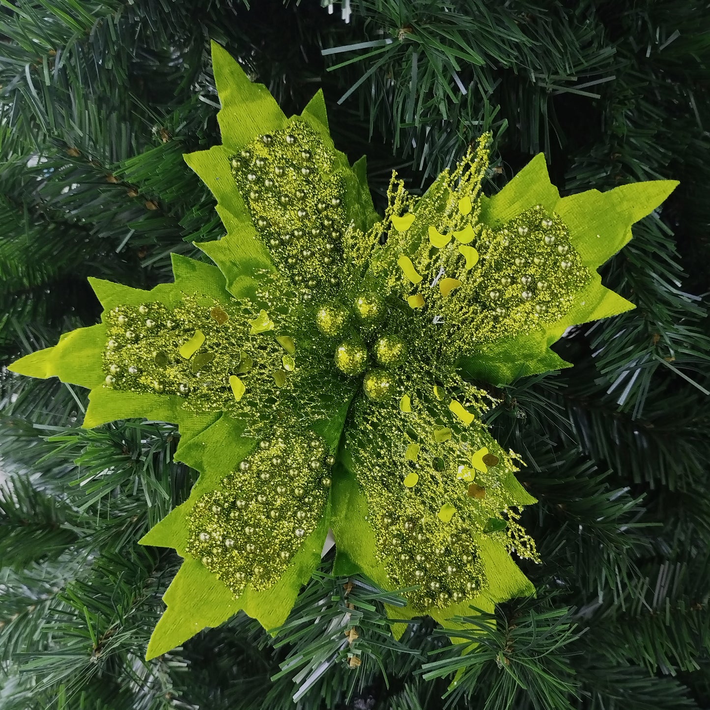 Flor Navideña Perlada Verde 28cm